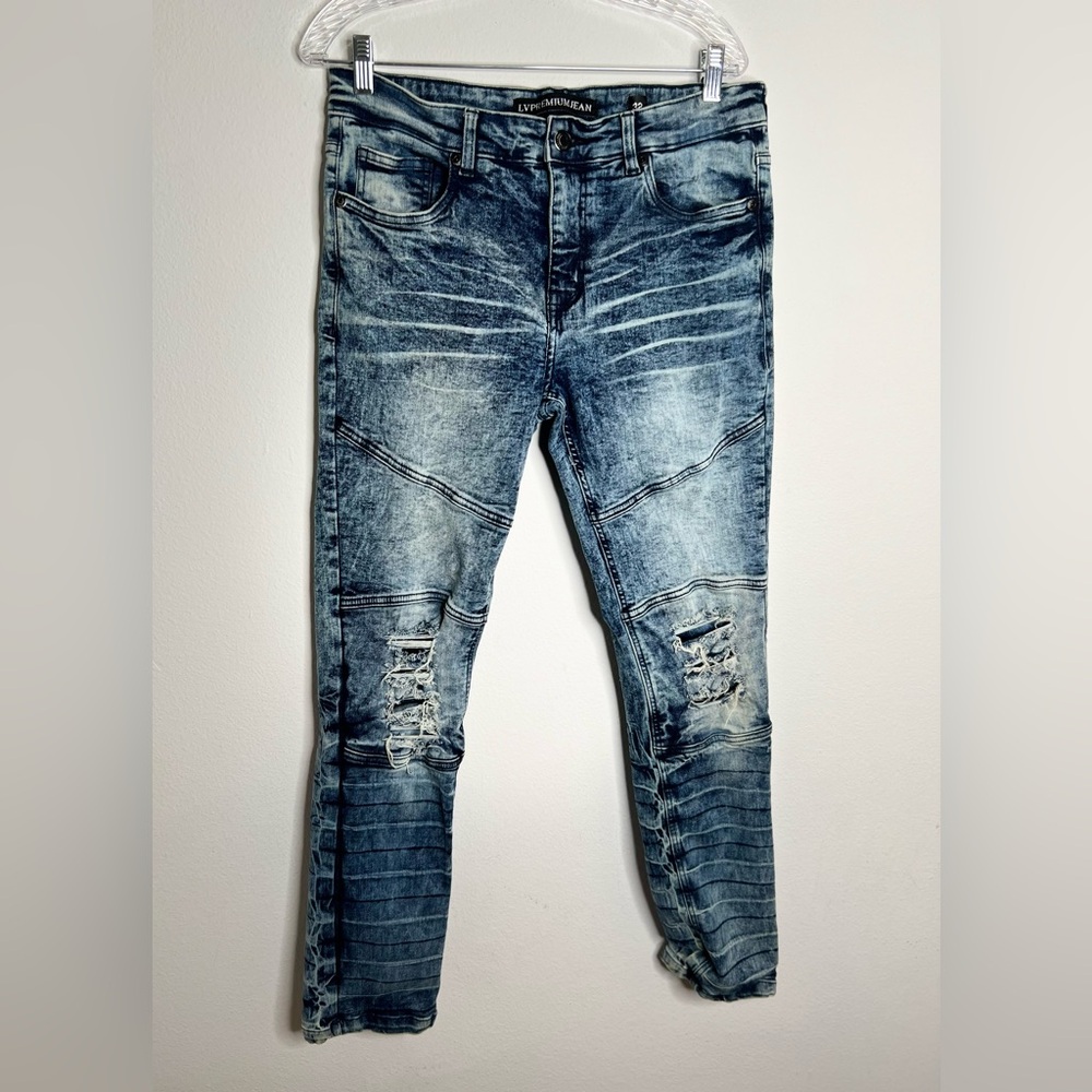 LV Premium Jeans Men’s Moto Streetwear Distressed Acid Wash Skinny Jeans Size 32